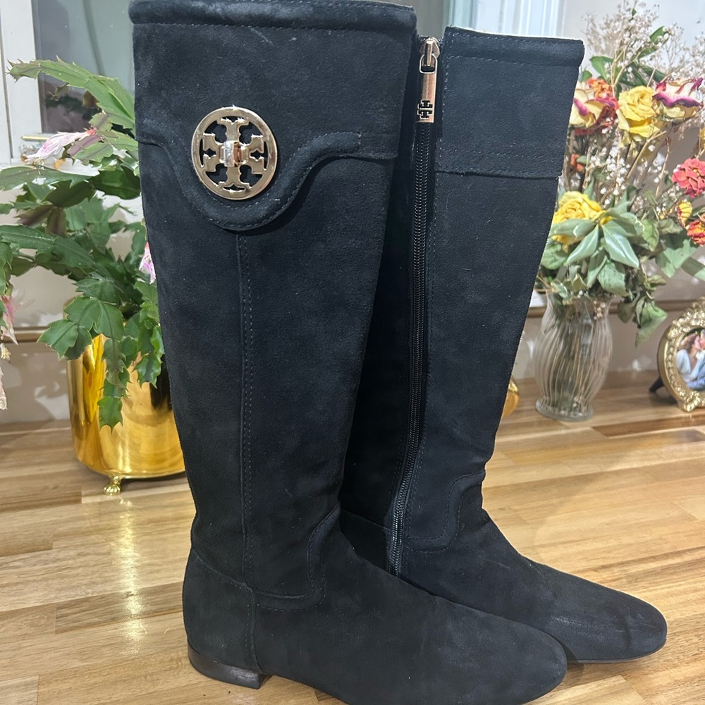 Tory Burch Black Suede below Knee Logo Boots